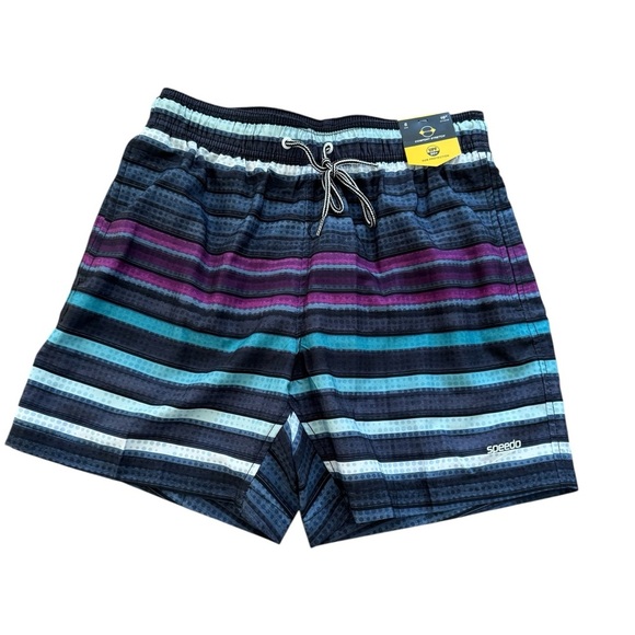 Speedo Striped Swim Trunk Shorts UPF 50+ Sun Protection Drawstring S NWT - Picture 1 of 9
